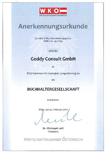 Bilanzbuchhaltergesellschaft Annerkennungsurkunde der WKO