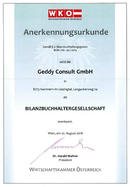 Bilanzbuchhaltung Annerkennungsurkunde der WKO