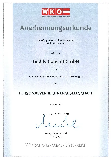 Personalverrechnergesellschaft Annerkennungsurkunde der WKO