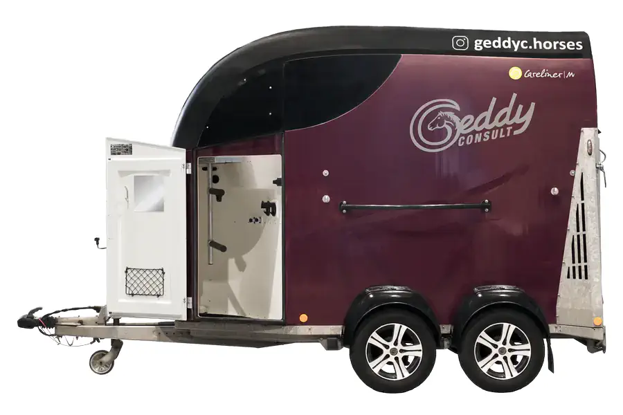 Pferdeanhänger Bücker Carline M Seitenansicht mit geöffneter Tür - zum Mieten bei Geddy Consult GmbH